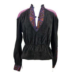 Vintage Martha Suede Peasant Top Womens S? Black Purple Boho Hippie